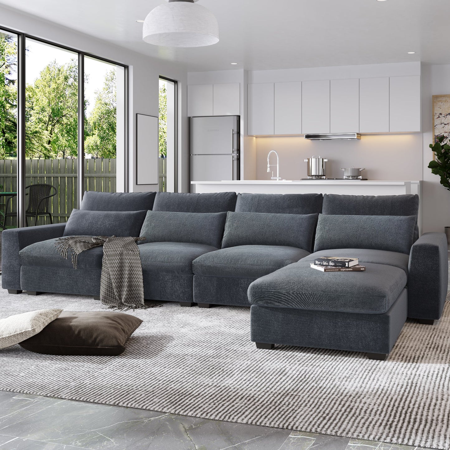 Modern Dark Gray Large L-Shape Feather Filled Sectional Convertible Sofa - Lovez Aqua© - 