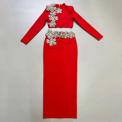 Women's Two Piece Rhinestone Diamond Embroidered Long Skirt & Top Set - 80d3e6-0e.myshopify.com - Red / XL -  Red