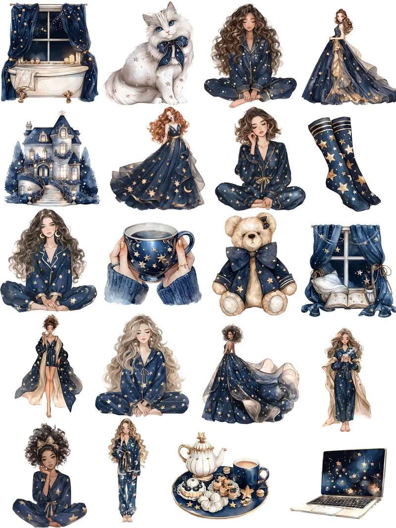 Dark Blue & Gold Starry Sky Women's Sleepover Cozy Pajamas Stickers (20 Pieces)