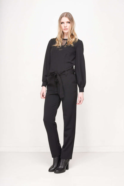 Women's Black Long-Sleeve Jumpsuit with Mesh Panels & Tie-Waist Detail