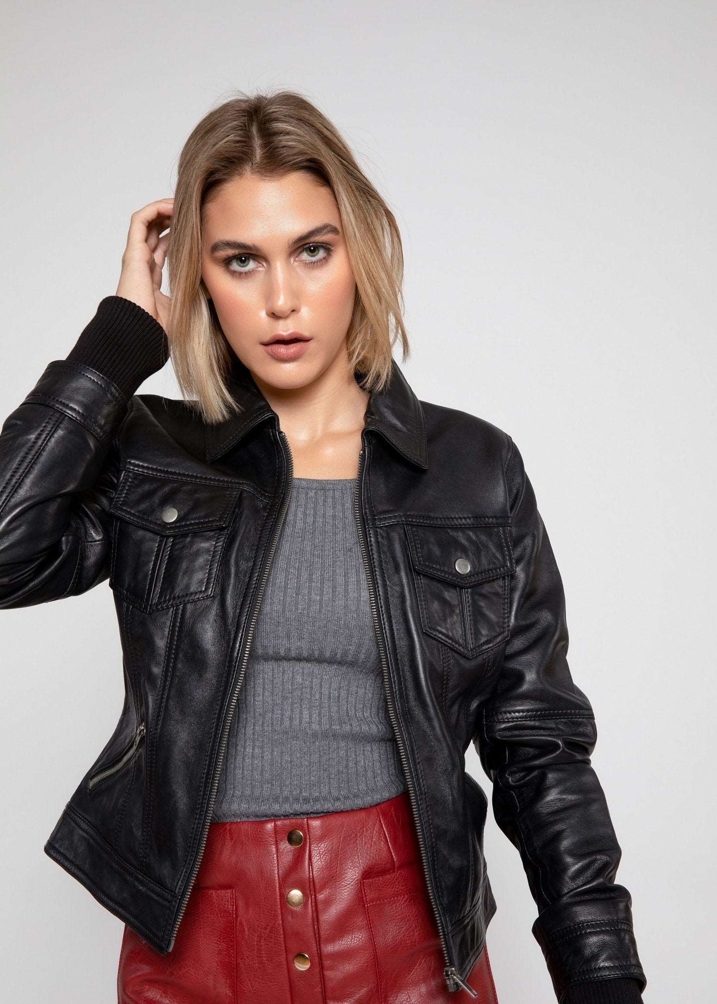 Women's Genuine Lambskin Leather Jacket with Fleece Hoodie & Pockets