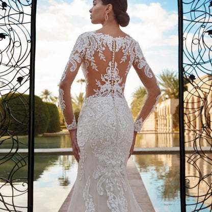 Mermaid Lace Wedding Dress with Scoop Neckline Applique Sleeves & Sweep Train