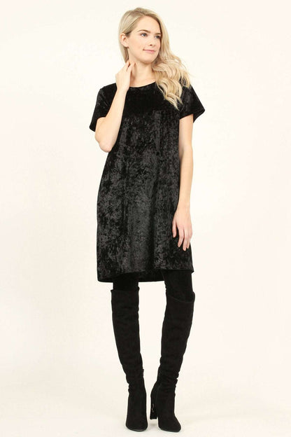 Women's Short Sleeve Relaxed Fit Crushed Velvet Tunic Dress