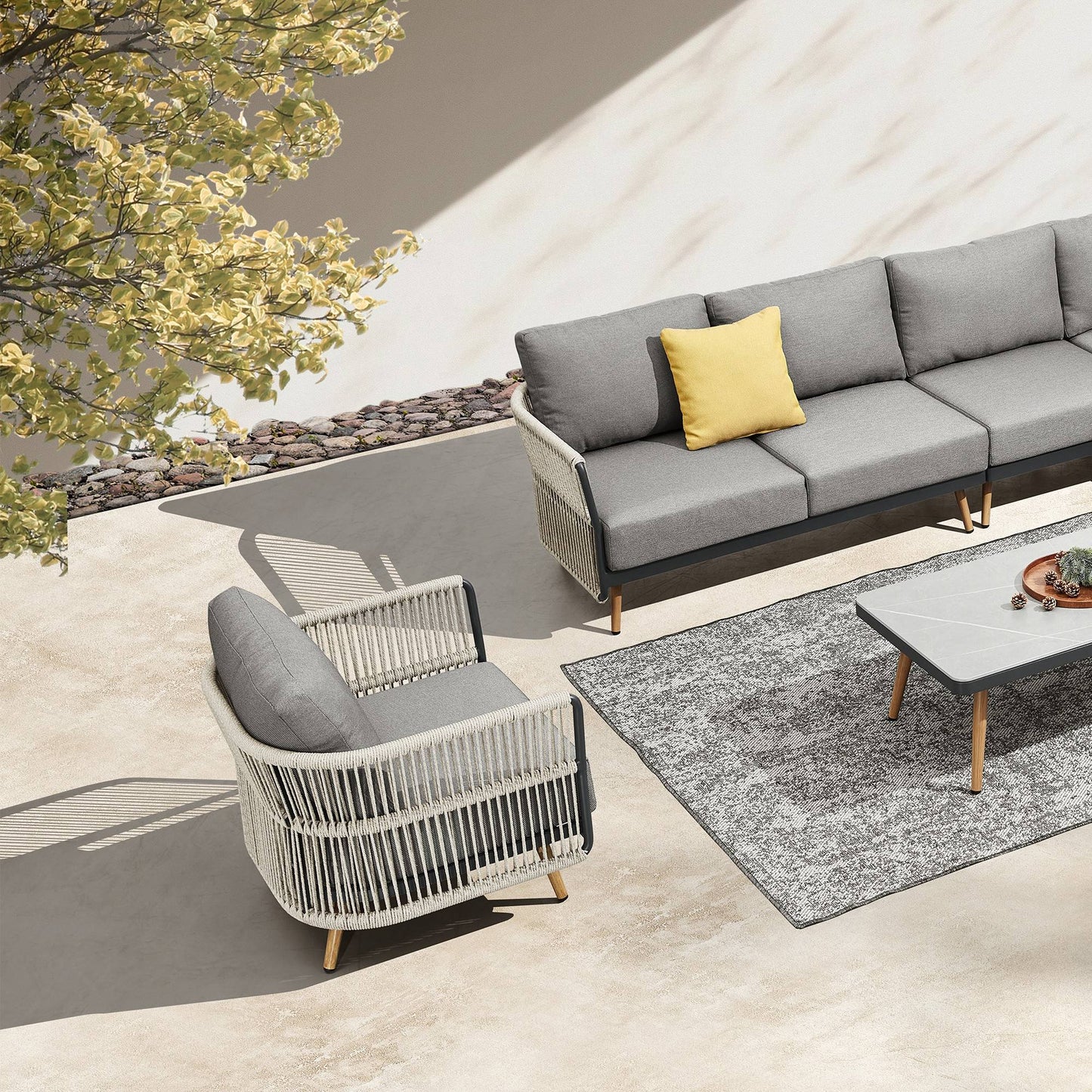 Gray 5-Seater Outdoor Conversation Sofa Set with Sintered Stone Coffee Table - HIGOLD - 