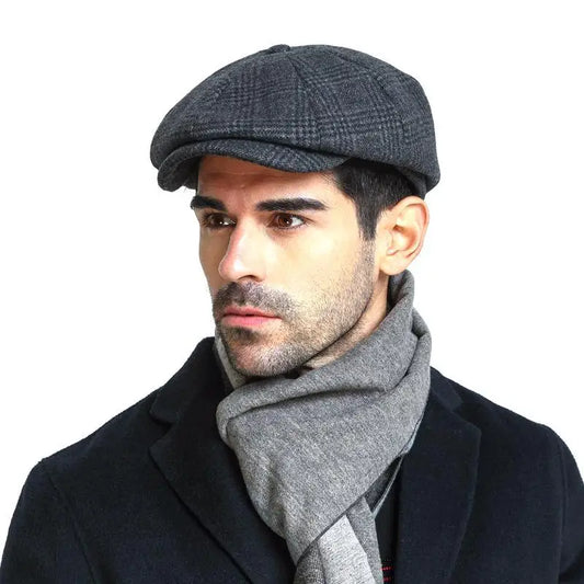 Men's Vintage Classic Plaid Wool Newsboy Winter Beret Cap - Lovez Aqua© - 