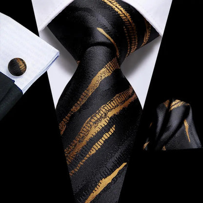 Marbled Ink Black & Gold Striped Silk Tie, Pocket Square & Cufflinks Set for Men - Lovez Aqua© - 