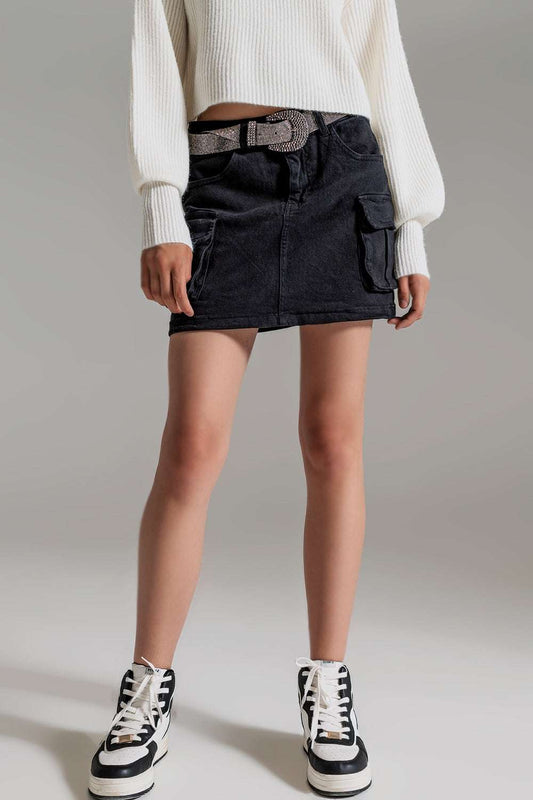 Women's Black Cargo Denim Mini Skirt with Pockets & Zipper - 80d3e6-0e.myshopify.com - -  