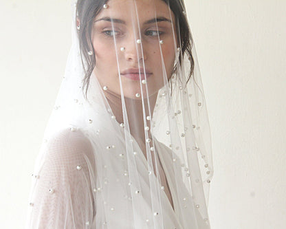 Ivory Fingertip Length Bridal Wedding Veil with Pearl Embellishments