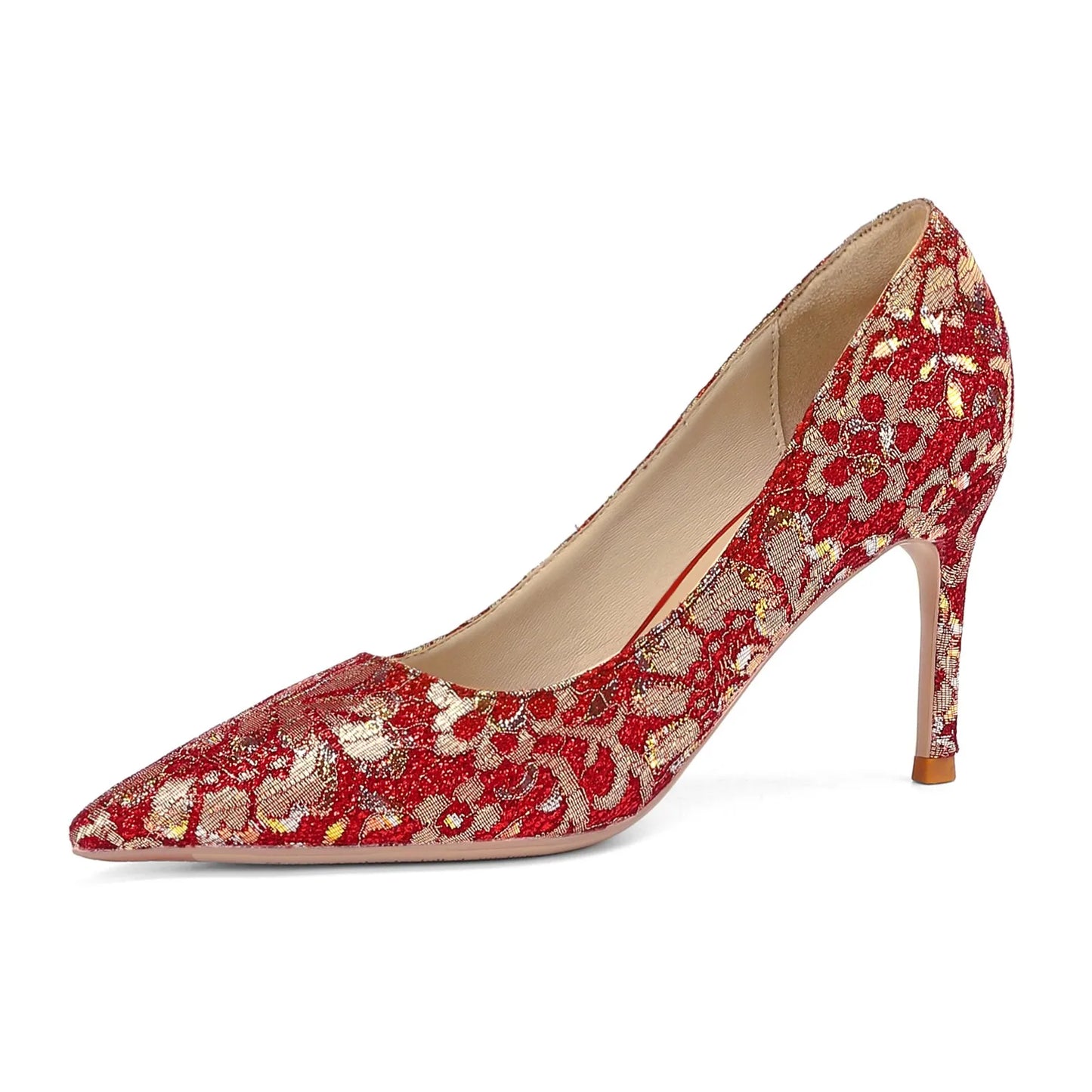 Festive Red & Gold Glitter Chinese Wedding Pointed Bridal Stiletto High Heels