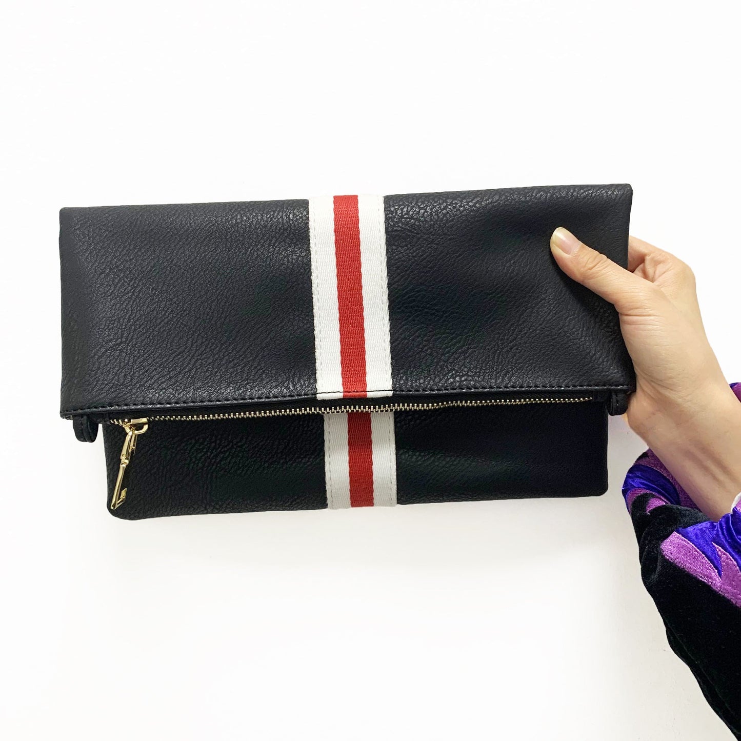 Women's Vegan Leather Fold Over Clutch Bag with Woven Shoulder Strap