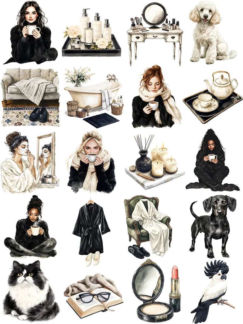 Black & White Women's Winter Beauty Pampering Decorative Stickers (20 Pieces)