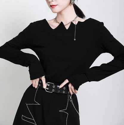 Women’s Black Punk Gothic Long Sleeve Chic Cut Out Collar Blouse