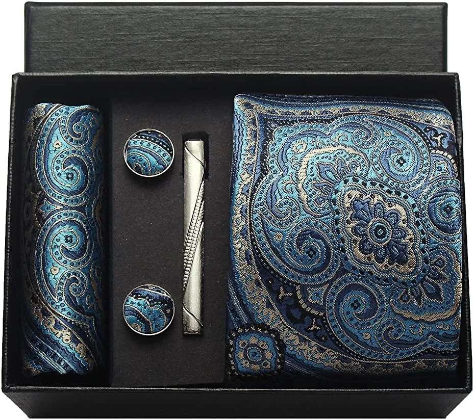 Men's Luxury Silk Paisley Floral Necktie, Pocket Square, Clip & Cufflinks Set - 80d3e6-0e.myshopify.com - BV3 -  BV3