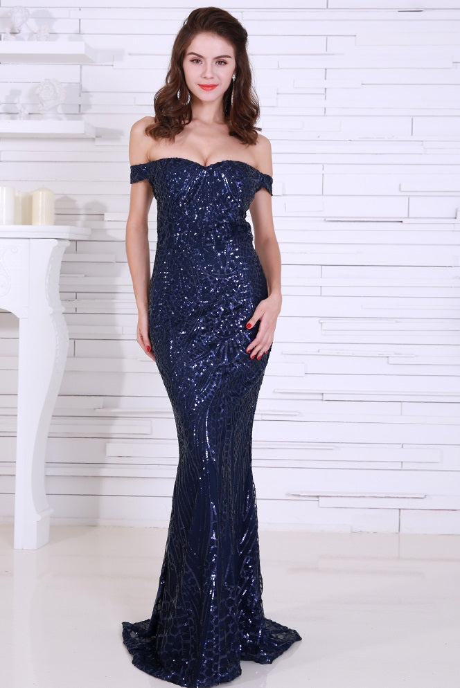 Off-the-Shoulder Navy Blue Sequined Fitted Gown with Sweetheart Neckline