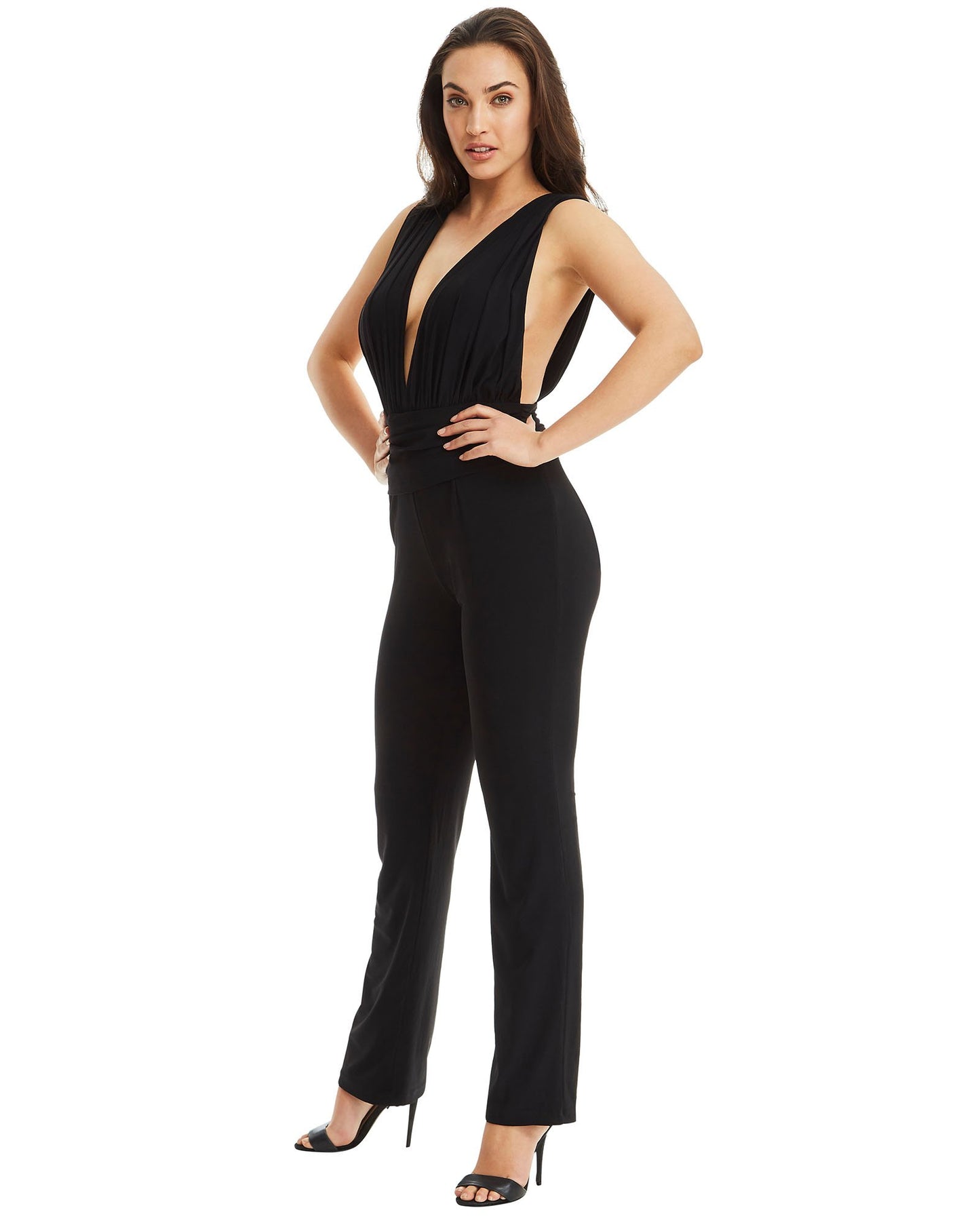 Women's Black Halter Neck Jumpsuit with Plunging V Neckline & Cinched Waist