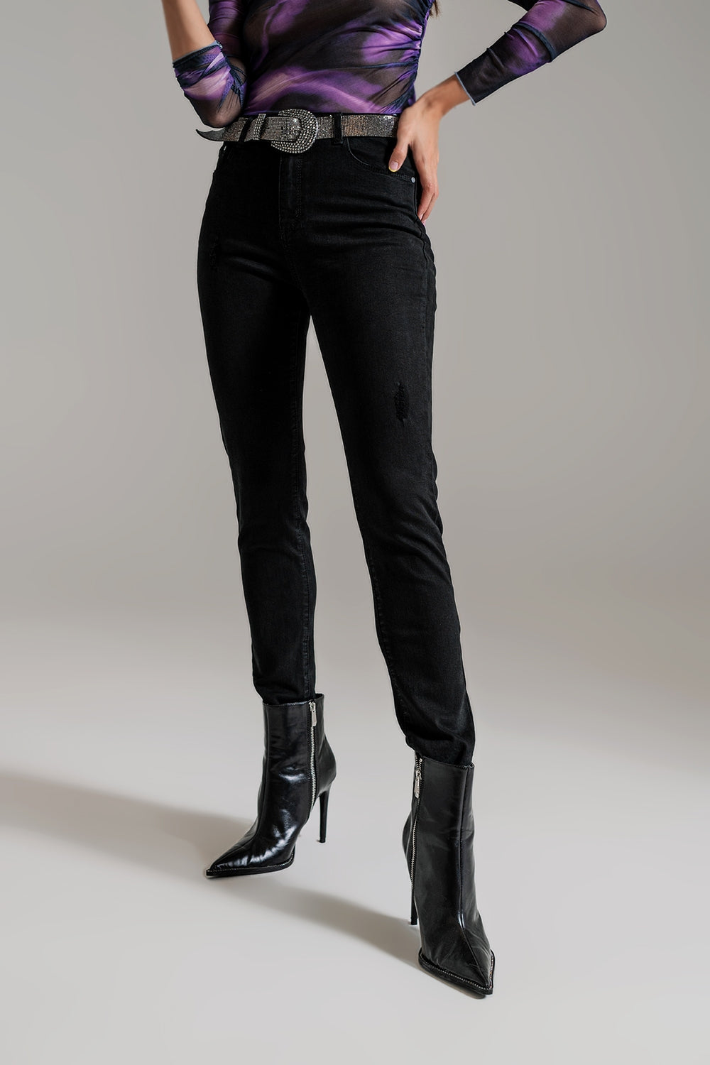 Women's Black High Waisted Distressed Hem Skinny Jeans