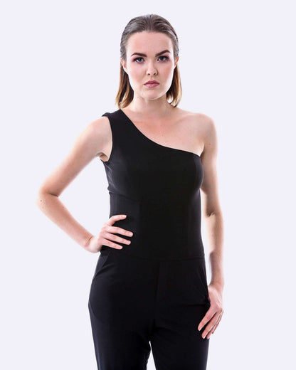 Women's Sleek Black Jersey One Shoulder Pantsuit