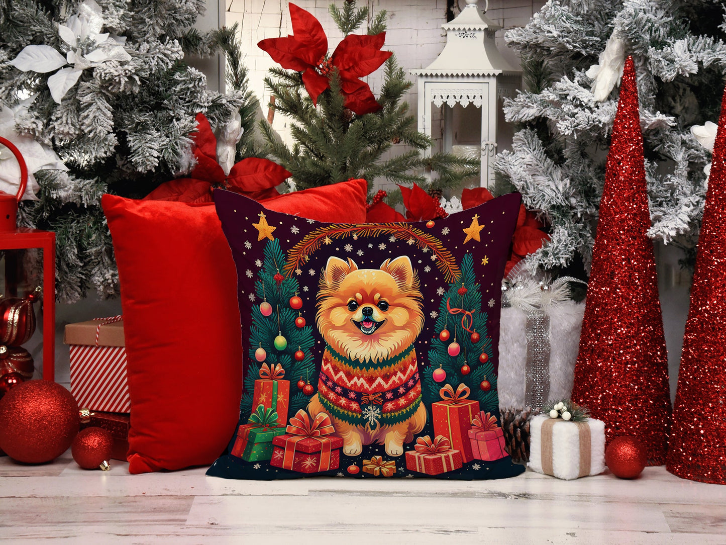 Festive Pomeranian Cartoon Christmas Throw Pillow (18x18 inches) - Lovez Aqua© - 