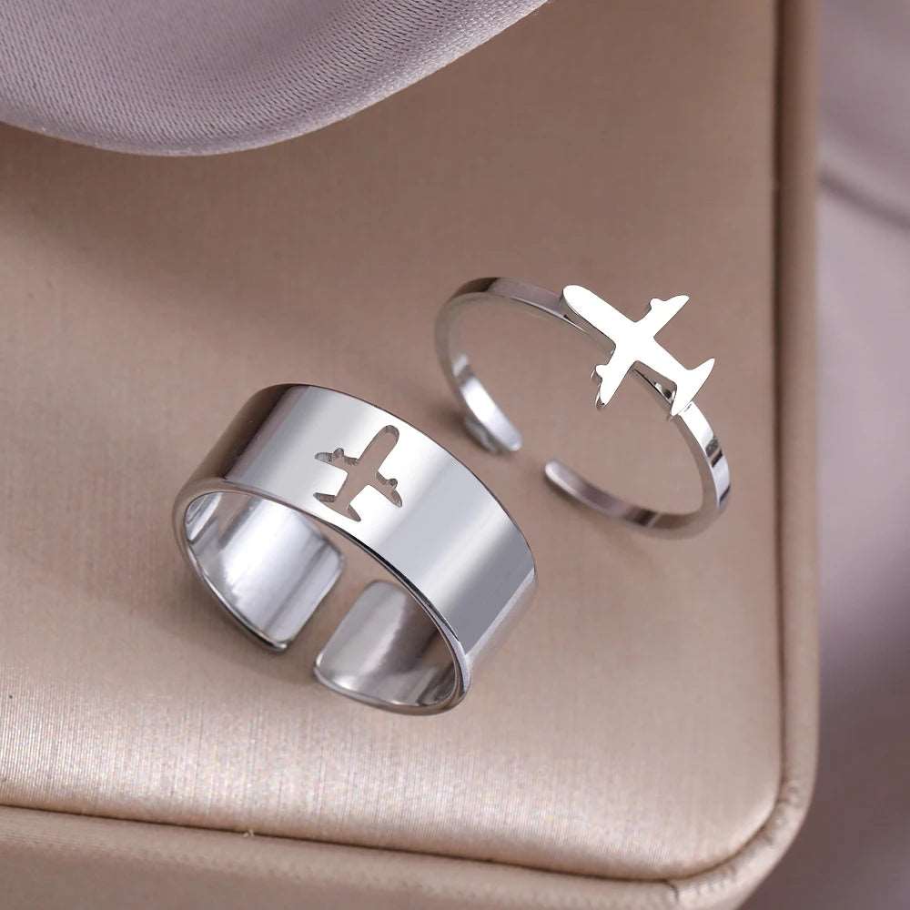 Airplane Hollow Cutout Stainless Steel Matching Couple Rings (2Pcs/Set) - Lovez Aqua© - 