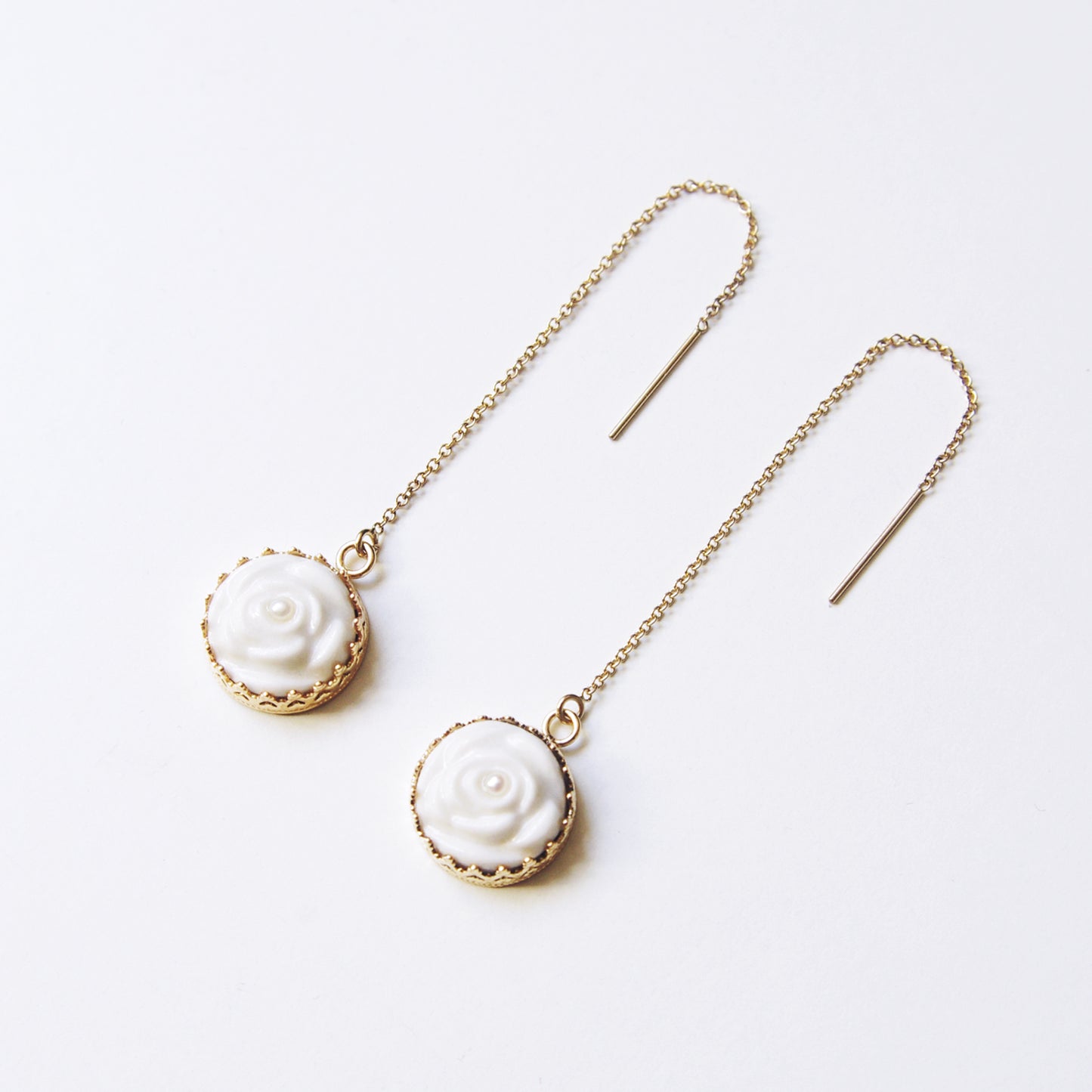 Women's White Porcelain Rose Gold-Filled Chain Earrings with Pearl Embellishment