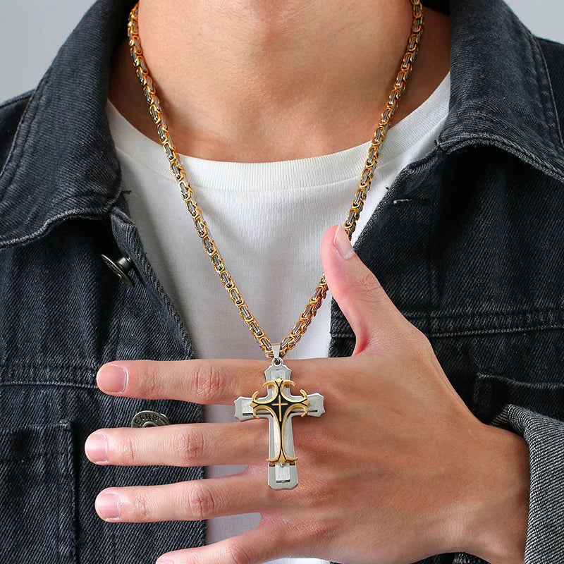 Men's Stainless Steel Religious Cross Pendant Necklace With Byzantine Chain - Lovez Aqua© - 