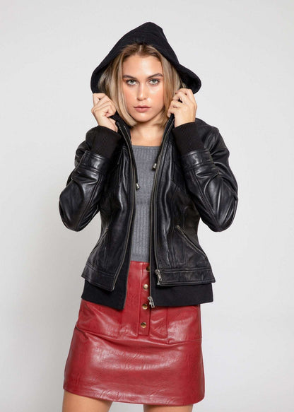 Women's Genuine Lambskin Leather Jacket with Fleece Hoodie & Pockets