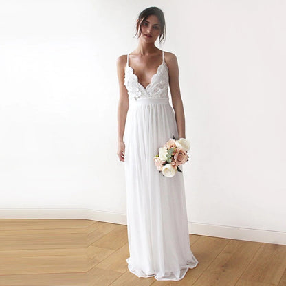 White Floral Lace Spaghetti Straps Maxi Wedding Dress with Scalloped V-Neckline