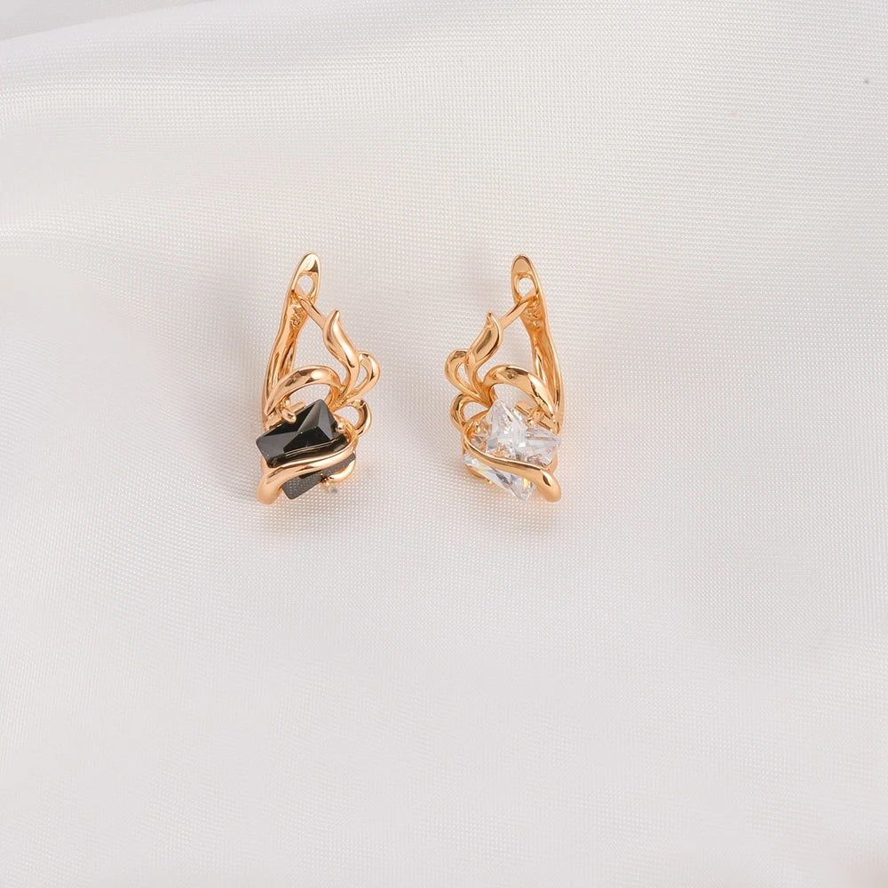 Women's Twisted Gold Stud Earrings with Geometric Cubic Zirconia Rhinestone