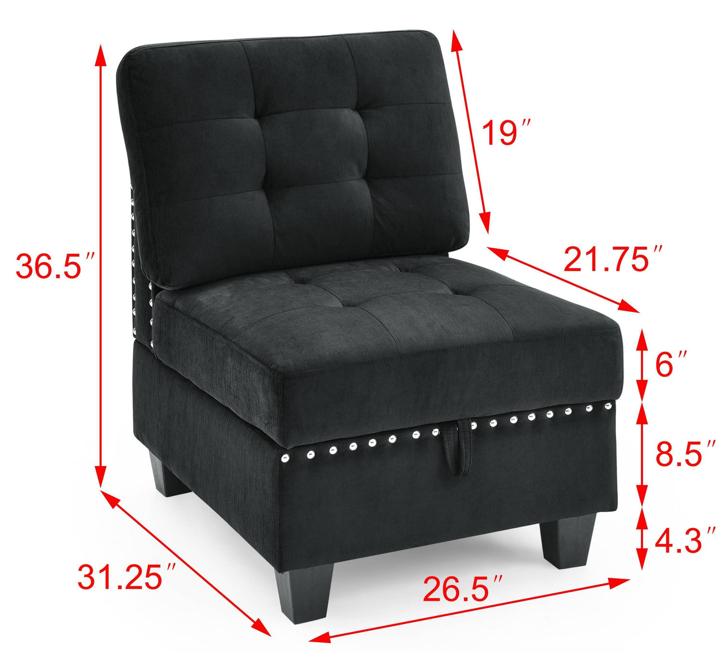 Luxury Silver Studded Black Velvet Single Modular Sectional Chair with Storage - 80d3e6-0e.myshopify.com - -  