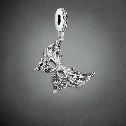 925 Sterling Silver & Black Zircon Feathered Venetian Masquerade Mask Charm - Lovez Aqua© - 