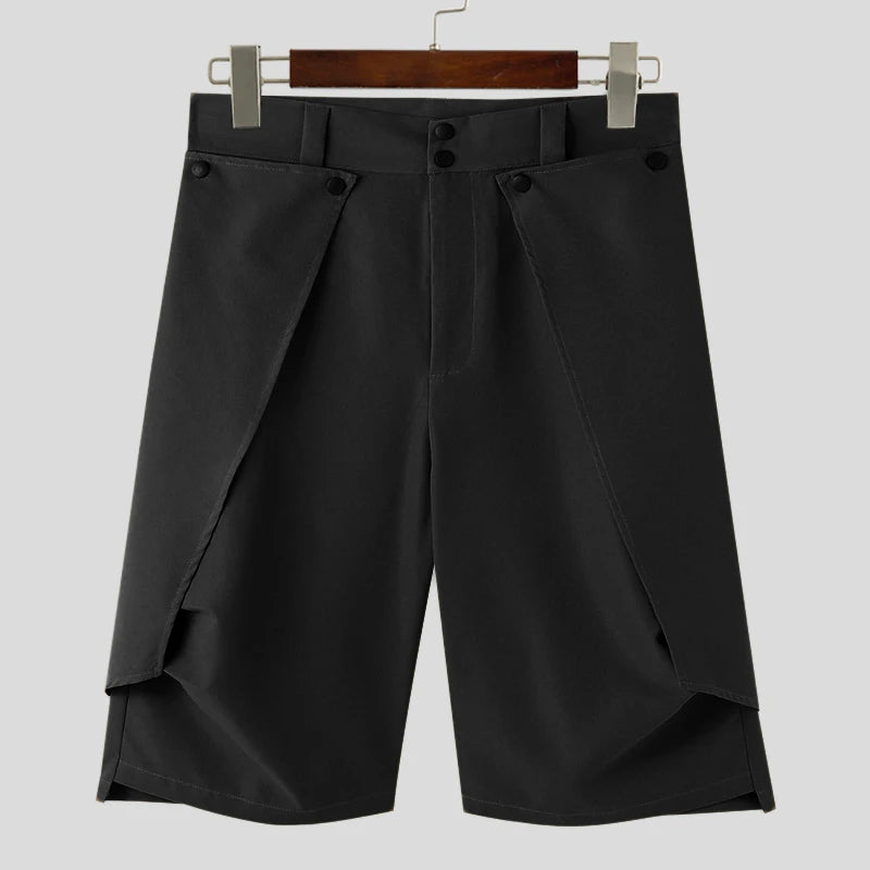 Men's High-Waisted, Wide-Leg Shorts with Button Detail & Overlapping Design