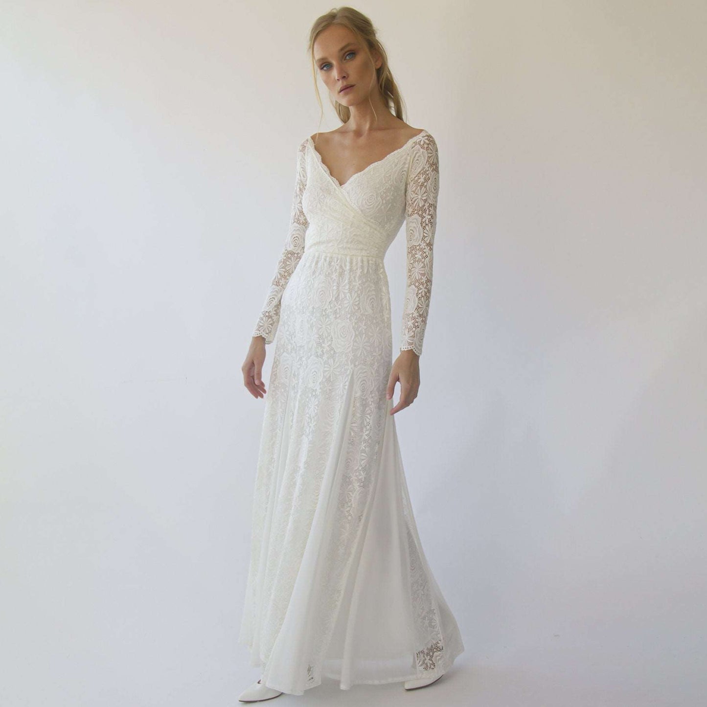 Ivory Off Shoulder Mermaid Lace Wrap Long Sleeves Wedding Dress