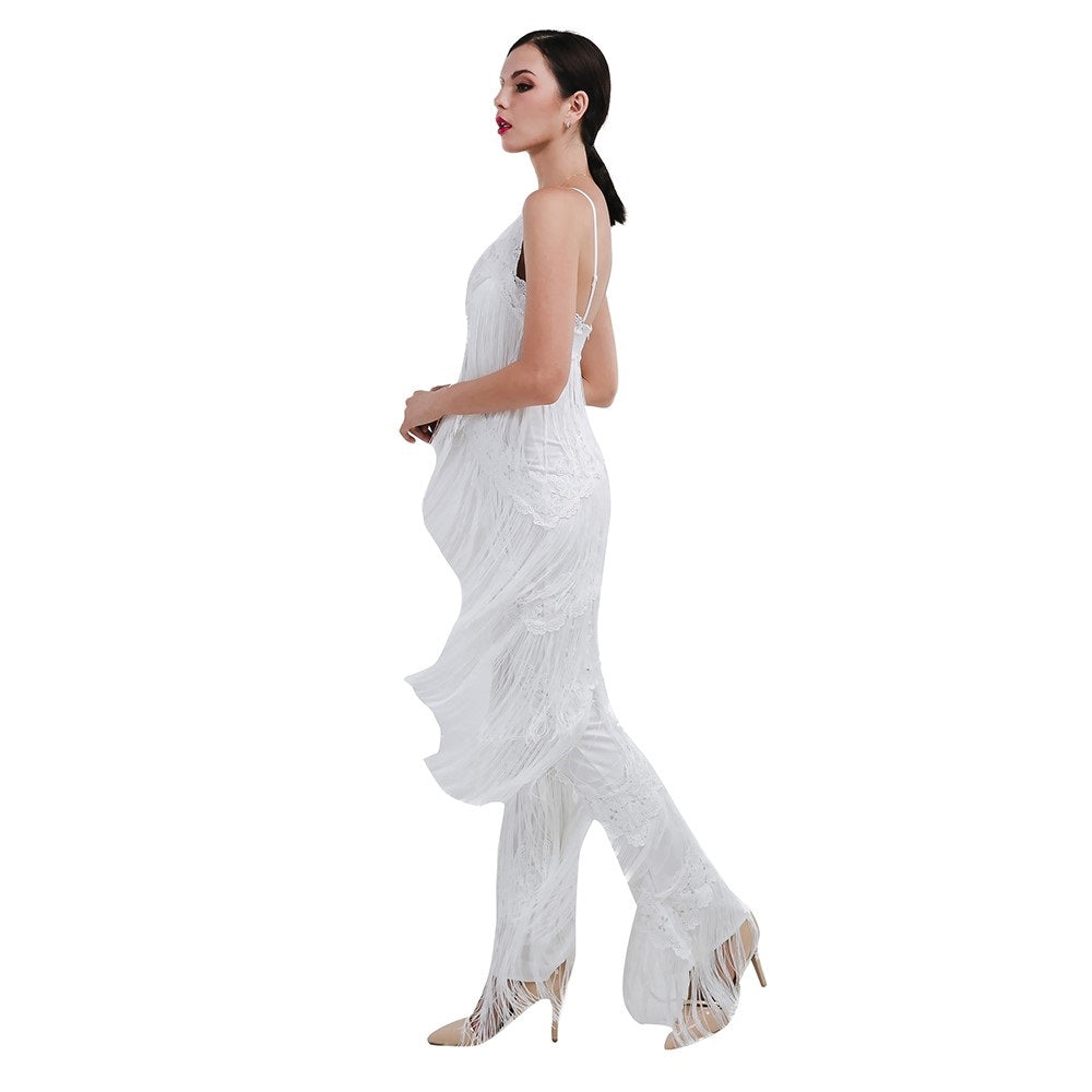 Women's White Tassel Loose Fit Flared Jumpsuit