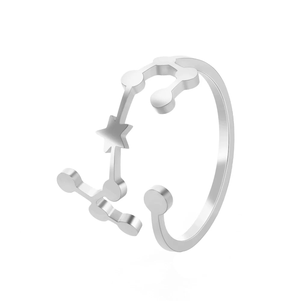 Women's Zodiac Star Signs Constellation Stainless Steel Adjustable Open Ring