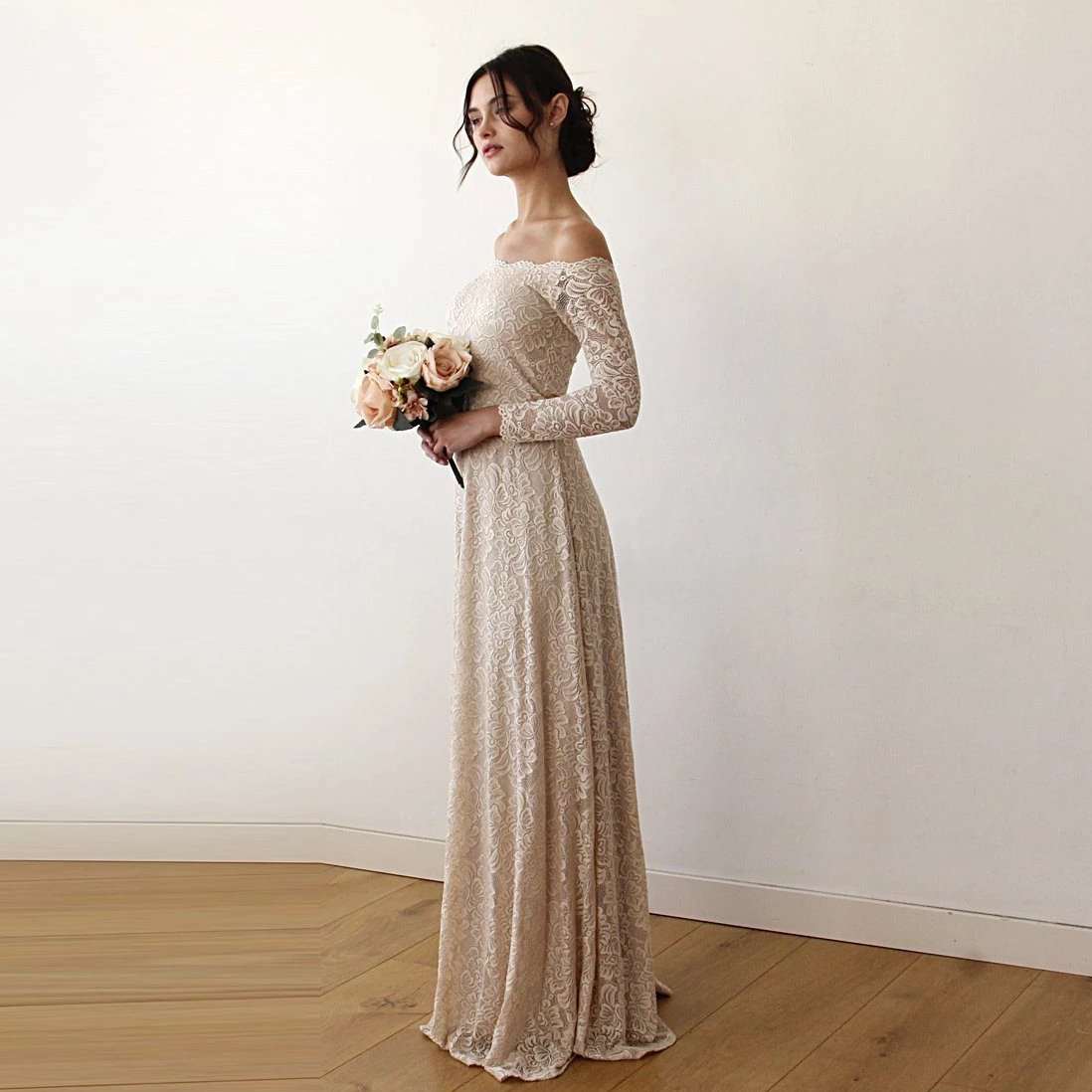 Champagne Off-The-Shoulder Long Sleeve Lace Wedding Dress with Scallop Neckline