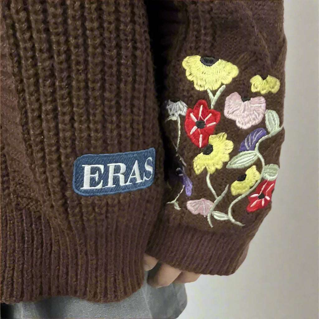 Taylor Swift Eras Tour Embroidered Wild Flowers Women's Brown Knitted Cardigan