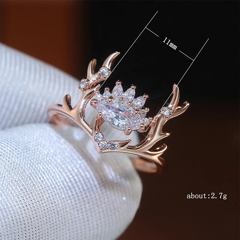 Delicate Gold Elk Antlers & Cubic Zirconia Crown Women's Ring