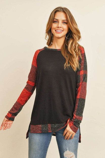 Women’s Winter Top with Hacci Plaid Pattern & Cozy Long Back Hem