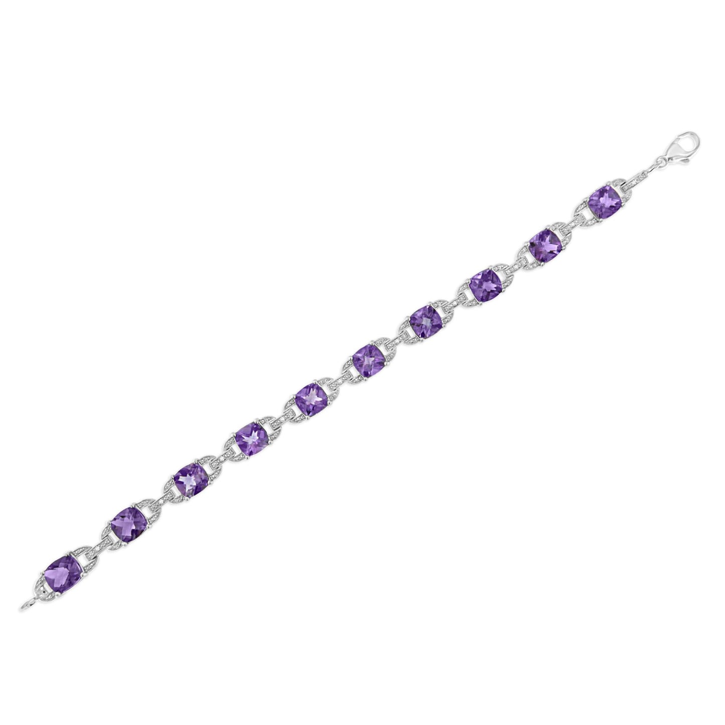 925 Sterling Silver Cushion Cut Amethyst Gemstone & Diamond Tennis Link Bracelet