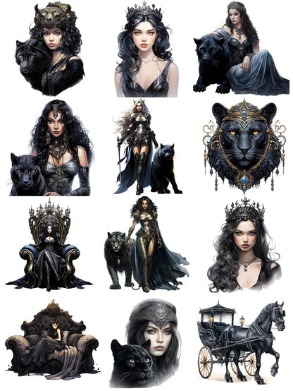 Gothic Queen & Black Powerful Feline Cats Decorative Stickers (12 Pieces)