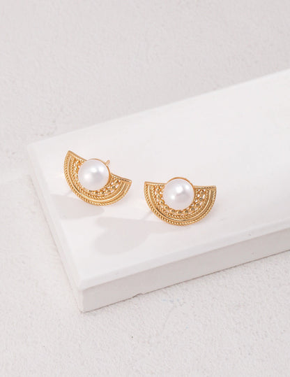 Women's 18K Gold-Plated Vermeil Engraved Half Circle Natural Pearl Stud Earrings