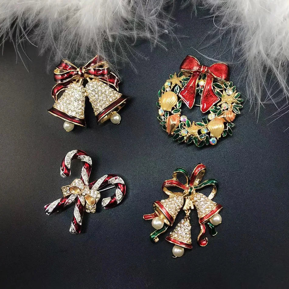 Women's Festive Christmas-Themed Brooch Pins with Sparkling Rhinestone Detailing - Lovez Aqua© - candy candes, santa, snowflake, snowman, stocking