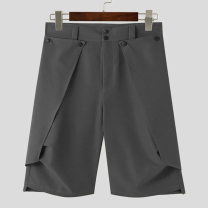 Men's High-Waisted, Wide-Leg Shorts with Button Detail & Overlapping Design