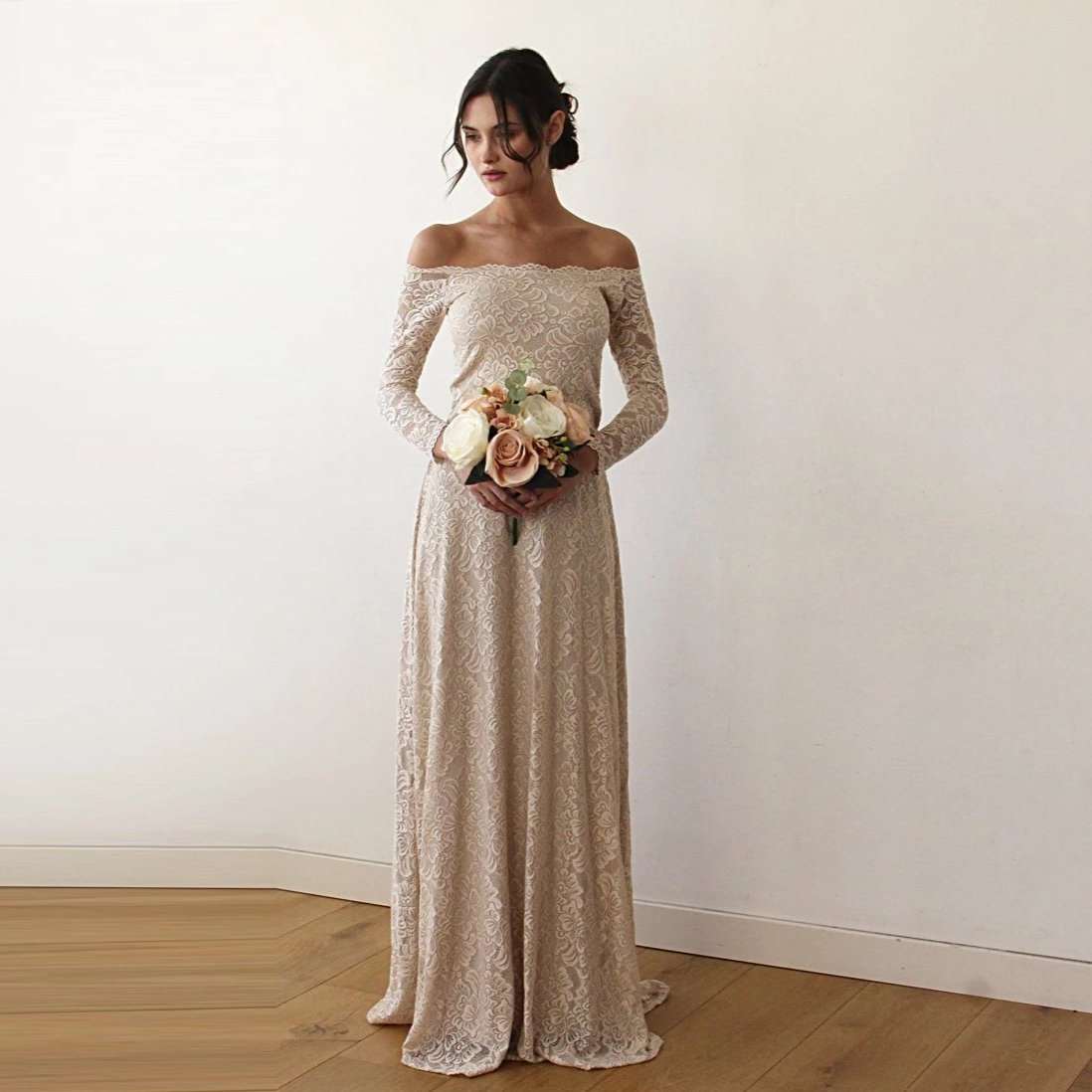 Champagne Off-The-Shoulder Long Sleeve Lace Wedding Dress with Scallop Neckline