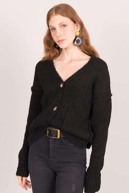 Women's Black Button-Down Cardigan with Slip Pockets