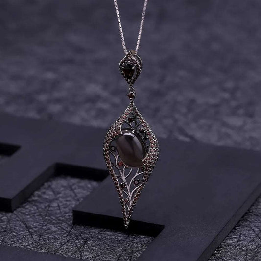 925 Sterling Silver Natural Smoky Quart Gemstone Vintage Gothic Pendant Necklace