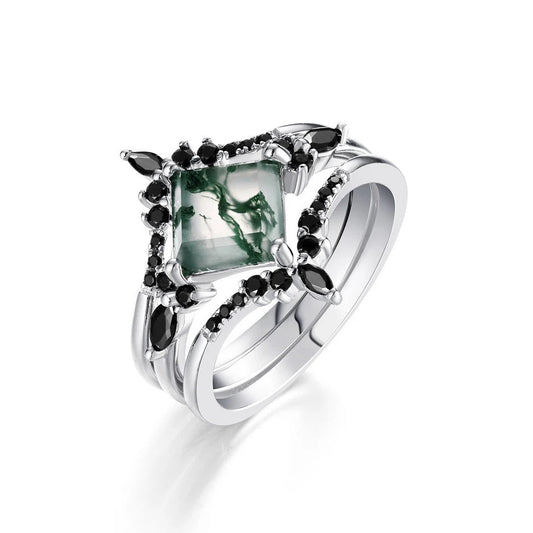 Women's 925 Sterling Silver Crown Diamond Green Moss Agate Leaf Ring Set