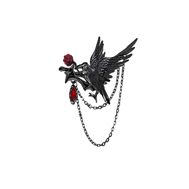 Women's Gothic Ruby Red Crystal & Black Iron Raven Chain Brooch - Lovez Aqua© - 