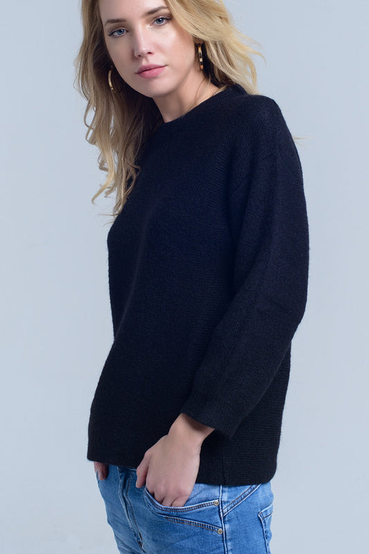 Women's Casual Basic Black Knitted Crew Neck Pullover Sweater