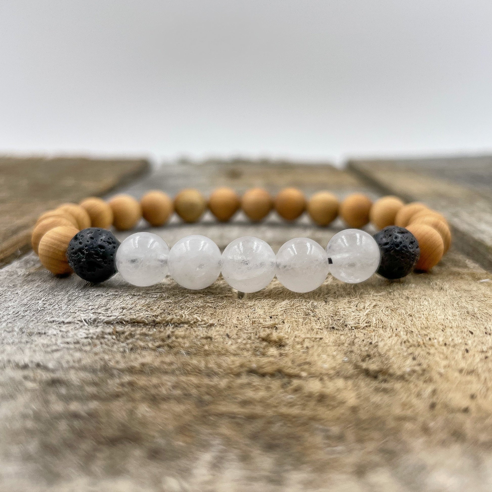 Unisex Beaded Bracelet with Moonstone, Cedar & Lava Rock Beads - Lovez Aqua© - 